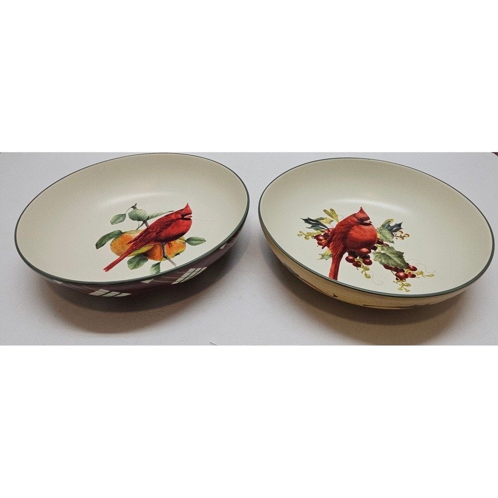 Lenox Winter Greetings Everyday Cardinal Pasta Bowls Set of 2 Tartan Plaid Holly